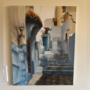 Charming Blue and White Street Scene Canvas Art